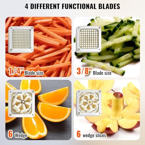 Commercial French Fry Cutter with 4 Replacement Blades, 1/4 and 3/8 Blade Easy Dicer Chopper, 6-wedge Slicer and 6-wedge Apple Corer, Lemon Potato Cutter for French Fries with Extended Handle