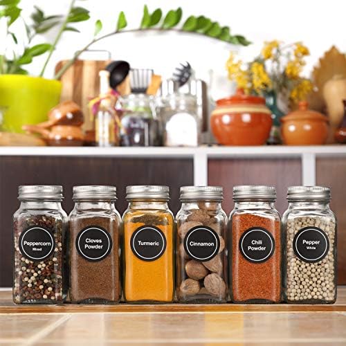 14 Pcs Glass Spice Jars with Spice Labels - 4oz Empty Square Spice Bottles - Shaker Lids and Airtight Metal Caps - Chalk Marker and Silicone Collapsible Funnel Included