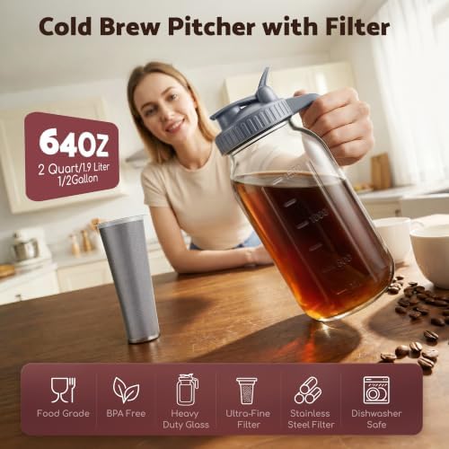 Cold Brew Coffee Maker, 64 oz Glass Mason Pitcher