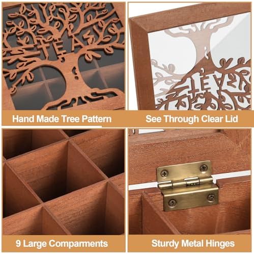 Wood Tea Box Organizer,Tea Organizer and Storage with Tree Pattern