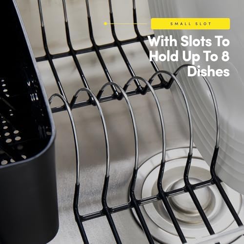 2 Piece Dish Drying Rack Set Drainer with Utensil Holder Simple Easy to Use Fits in Most Sinks, 14.5" x 13" x 5.25", Black