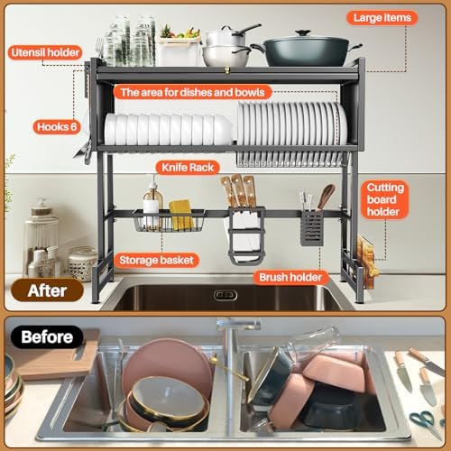 Over The Sink Dish Drainer Drying Rack 3 Tiers with Cover, Keep Kitchen Sink Shlef Organized Space-Saving Dish Drying Rack, Large Stainless Steel Sink Drying Rack for Dishes, Bowls, Cutlery (33.4"W)