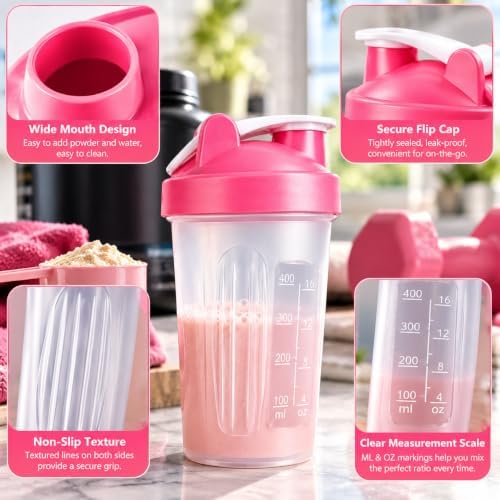for Protein Powder Mix-BPA free,Leak Proof,Stainless Steel Whisk Ball,Wide Mouth (Pink/Rose Pink, 16OZ-400ML) - Image 5