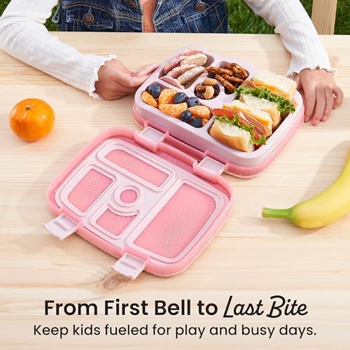 Kids Bento-Style 5-Compartment Leak-Proof Lunch Box - Just-Right Portions Ages 3-7, Durable, Drop-Proof, Dishwasher Safe, PFAS & BPA-Free & Made with Food-Safe Materials (Petal Pink Glitter)
