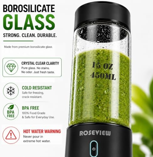 Portable Smoothie blender ROSEVIEW Glass bottle USB rechargeable 200W Power 15Oz 12 blades mini Handheld Ice Shakes Cup blend juicer Cordless blender Personal smoothies maker Fruit mixer - Image 3