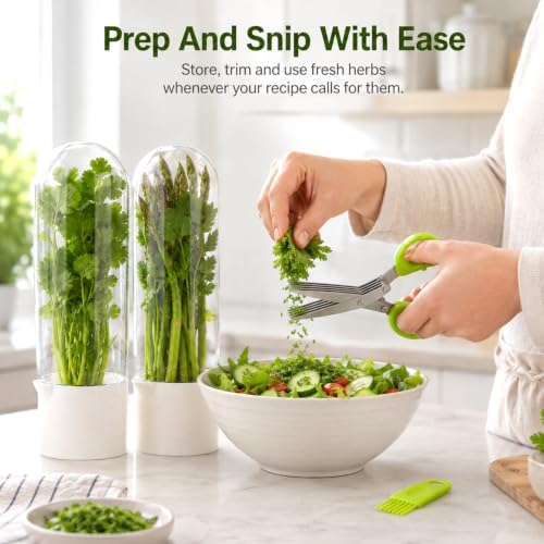 3 Pack Herb Saver for Refrigerator with 5-Blade Herb Scissors