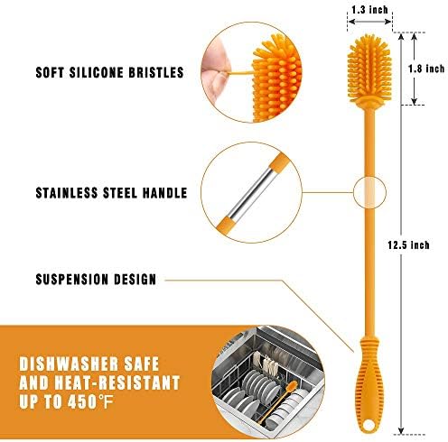 Silicone Bottle Brush with Long Handle, 12.5" Bottle Cleaning Brush, Orange - Image 4