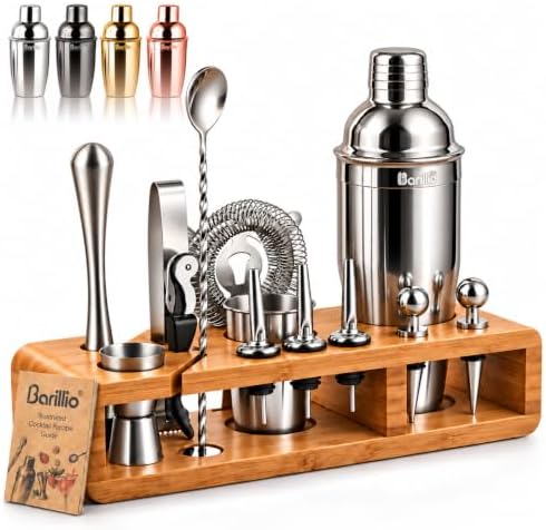 Bartender Kit - Stainless-Steel Cocktail Shaker Set w/Bamboo Stand - Mixology Bar Tools w/Drink Shaker, Mixer Spoon & Muddler for Cocktails - Home Bar Accessories - 23-Pc Bar Set - Silver