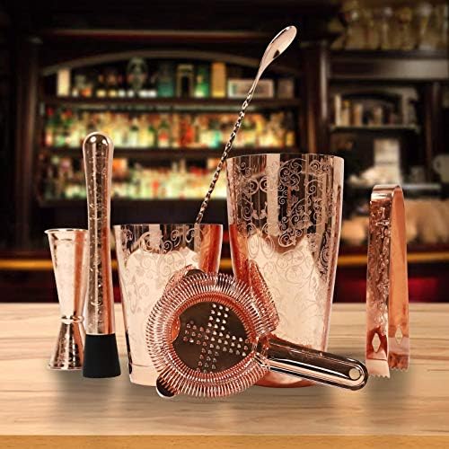 Bartender Kit Cocktail Shaker Set-6 Pieces Stainless Steel Copper Plated Etching Bar Tools with Boston Shaker Tins,Mixing Spoon,Mojito Muddler,Jigger,Hawthorne Strainer,Ice Tongs