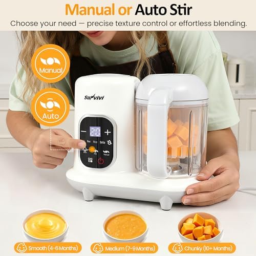 All-in-one Baby Food Maker: Baby Food Processor Blender Combo with Self Clean & LCD Display, Baby Food Puree Maker with Steam, Heating & Stirring, White Steamer Container Grinder