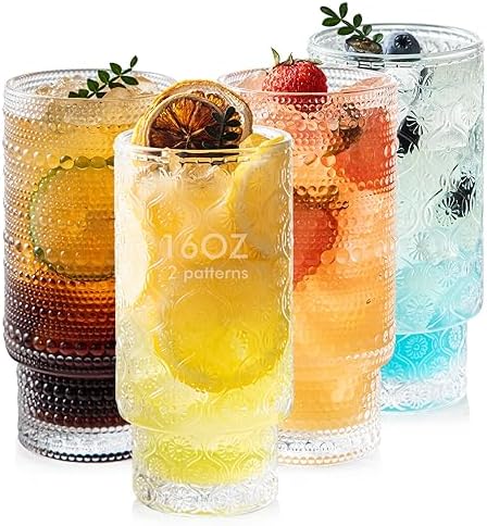16oz Drinking Glasses Set of 4, 2 Hobnail Glasses & 2 Embossed Water Goblets, Flower Design Stackable Vintage Tumbler Glasses, Old Fashion Beaded Glass Cups for Cocktail, Iced Coffee, Beer