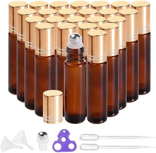 PrettyCare 24 Pack, 10 ml Essential Oil Roller Bottles with Stainless Steel Roller Ball - Refillable Leak-proof Empty Thick Amber Glass Roll on Bottles with Metal Caps for Travel, Perfume by PrettyCare