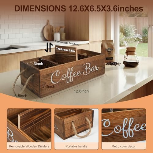 Coffee Station Organizer with Small Removable Dividers, Wooden Coffee Bar Accessories Storage For Countertop, Farmhouse Kcup Coffee Pod Holder Basket With Handle For Coffee Lover