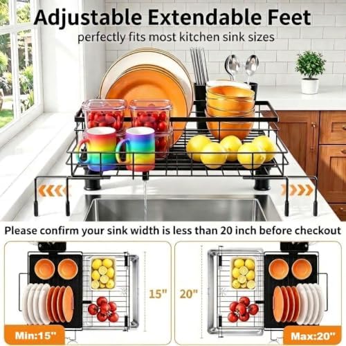 Expandable Dish Drying Rack for Kitchen Counter, 1-Tier, Heavy Duty Carbon Steel Over Sink Dish Drainer, Rust-Resistant Adjustable Dish Rack with Utensil Holder, Large Capacity, Black