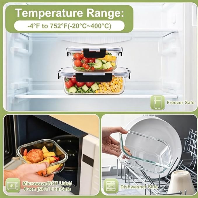 Glass Food Storage Containers with Airtight Lids - BPA-Free, Leak-Proof, Clear - for Lunch Meal Prep & Leftovers Set of 10