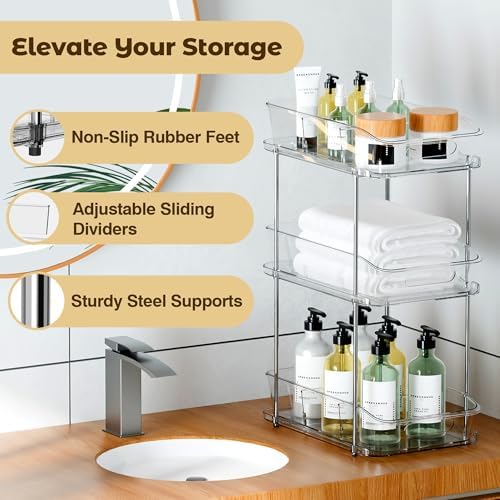 3 Tier Under Sink Organizer and Storage - Multi-Purpose Stackable Pantry Organizer with Pull-Out Clear Bins and Movable Dividers for Kitchen and Bathroom Cabinet