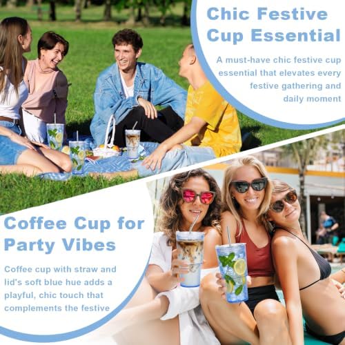 4 Pcs 20oz Plastic Ribbed Tumblers with Lid and Straws Blue Plastic Reusable Iced Coffee Cups with Lid Unbreakable Vintage Ribbed Drinking Glasses Tumbler for Juice Smoothie Beverage with Clean Brush