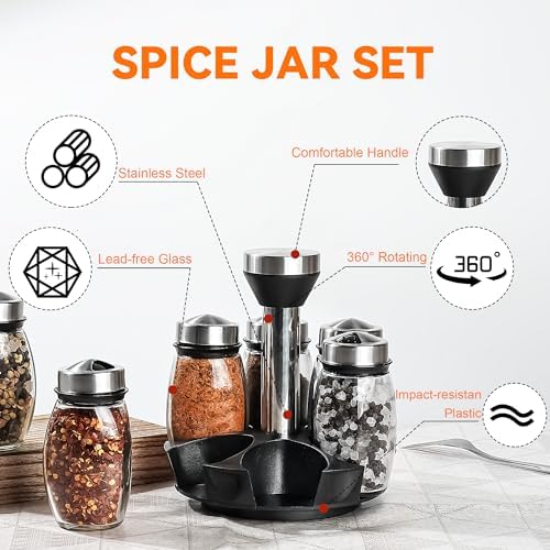 6 Pack Spinning Glass Spice Jars with Organizer Rack for Countertop