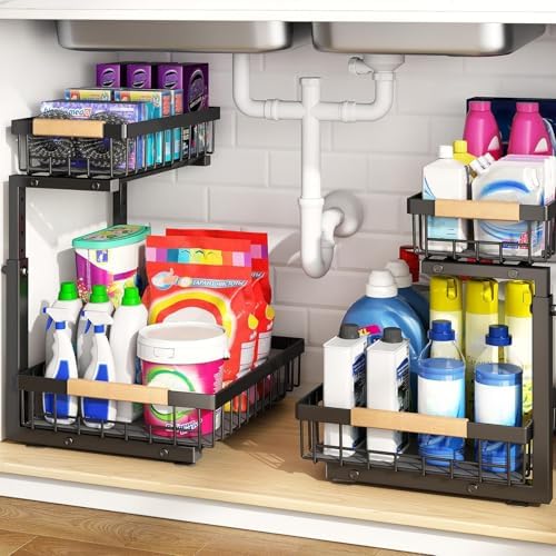 Under Sink Organizer, Adjustable Height, 2 Tier Pull Out Under Cabinet Organizer, Slide Out Thickened Metal Under Sink Storage for Kitchen Bathroom Laundry Pantry Cabinet, Black, Large-2-Pack