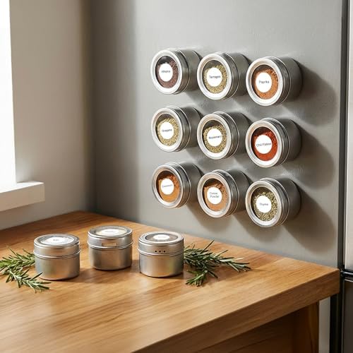 20 Pack Magnetic Spice Jars, Magnetic Spice Containers for Refrigerator, Seasoning Tins with Clear Top Lid, 240 PVC Spice Label Set