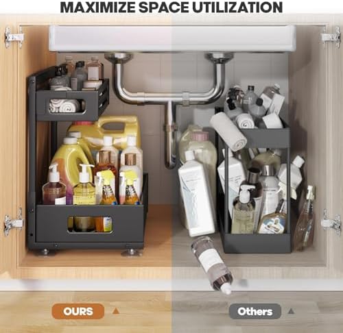 2 Pack Under Sink Organizer,Pull Out Cabinet Organizer with Smooth Cylindrical Rail,Metal Slide Out Drawer for Kitchen Bathroom Laundry Cabinet,8-Level Tool Free Height Adjustable-Black