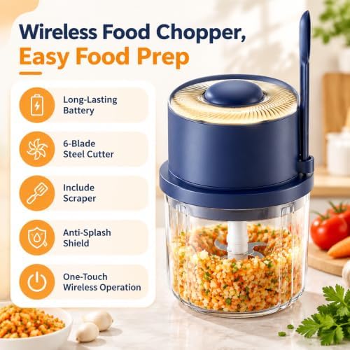 Electric Cordless Garlic Chopper 350ML with Glass Bowl, 6 Blades (Blue) - Image 2