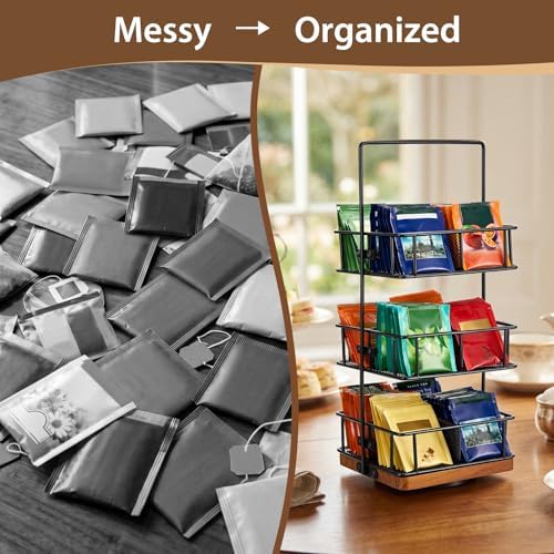 3 Tier Rotating Tea Bag Organizer Iron & Acacia Wood 360°Spinning Carousel
