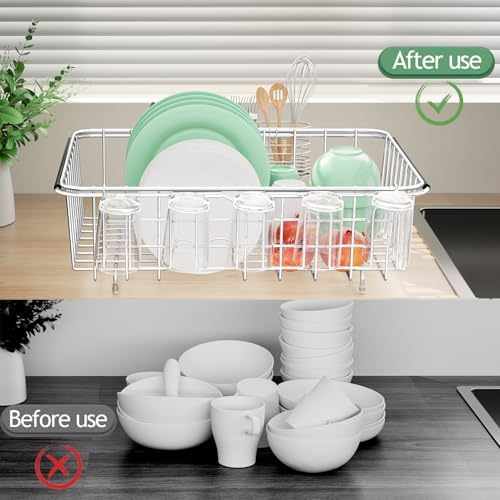 Dish Drying Rack in Sink, ExtendableStainless Steel Dish Drainers for KitchenCounter, Anti-Rust Dish Dryer Rack withUtensil & Cup Holders, for Inside Sink, Over The Sink