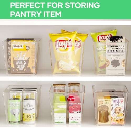 6 Pack Clear Plastic Storage Bins with Handles, 11" Pantry Organizers, BPA-Free