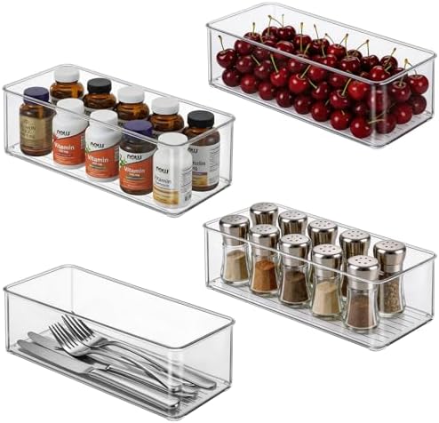 4 Clear Pantry Organizer Bins for Kitchen Drawer, Refrigerator