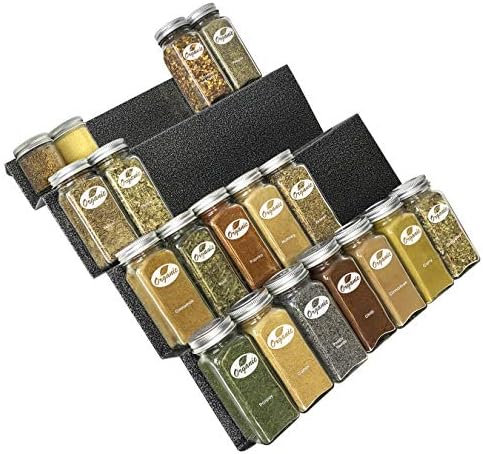 Spice Drawer Organizer - Heavy Gauge Steel 4 Tier Rack - Drawer Insert Tray for Jars, Herbs and Seasoning - Kitchen Cabinet Storage - Silver Metallic, Large