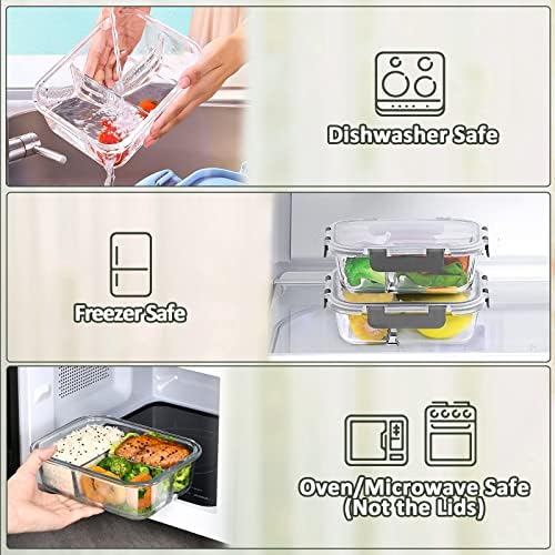 5 Pack,36 oz, 3 Compartments Glass Meal Prep Containers with Lids