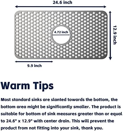 Silicone Sink Mat, 24.6''x 12.9'' Kitchen Sink Protector Grid for Bottom of Center Drain Sink, Gray Non-slip Heat Resistant Liner for Farmhouse Stainless Steel Porcelain Sink