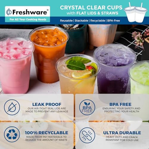 16 oz Clear Disposable Plastic Cups with Flat Lids and Straws, 100 Pack Clear Plastic Cups Tumblers, Heavy-duty Party Glasses, Disposable Cups for Thanksgiving, Halloween, Christmas Party