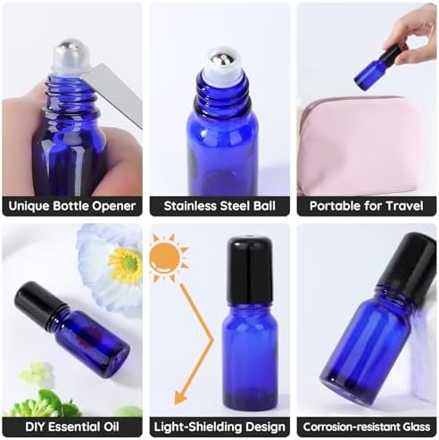 Segbeauty 0.34oz Empty Rollerball Bottles for Oil, 10ml Mini Glass Roller Bottles for Essential Oils, 5pcs Blue Travel Size Roller Ball Applicator Container, Small Travel Perfume Bottle Refillable - Image 2