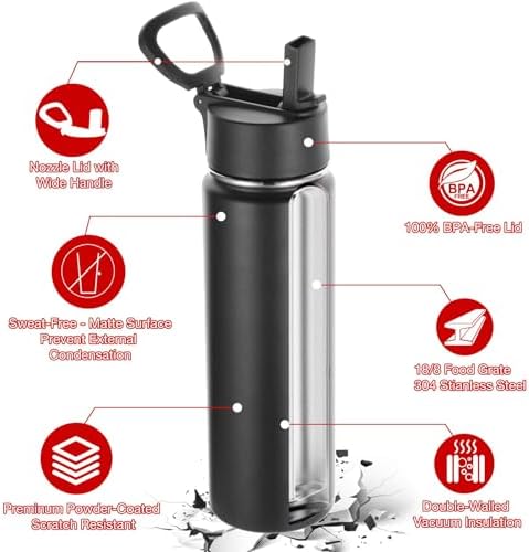24oz Insulated Water Bottle with Straw Lid, Black, 8-Pack