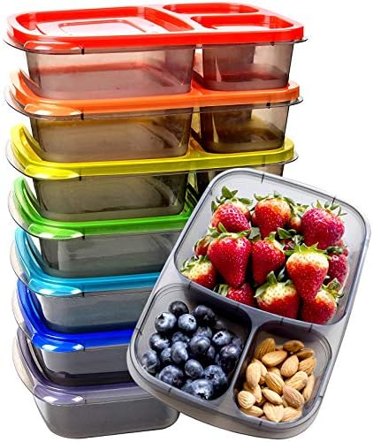 7 Pack Bento Lunch Box, Meal Prep Containers, Reusable 3 Compartment Plastic Divided Food Storage Container Boxes