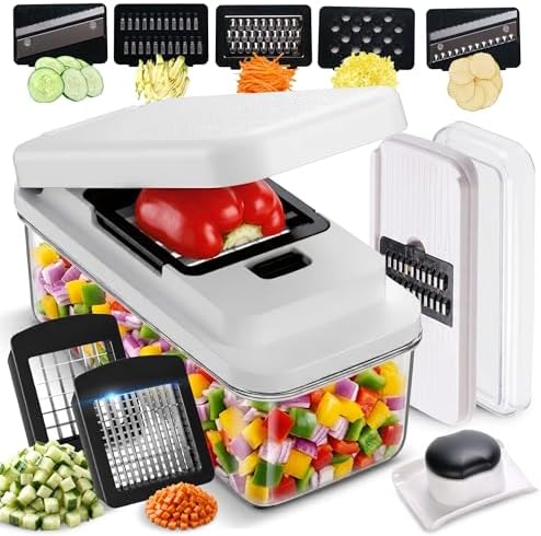 Cheer Collection Vegetable Chopper Slicer with Container Lid – 7 in 1 Mandoline Slicer Dicer Grater Julienne Cutter Kitchen Gadget, Multi Blade Food Chopper for Meal Prep by CheerCollection
