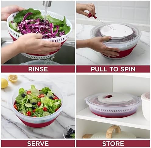 Collapsible Salad Spinner - 4 QT Space Saving Lettuce Dryer with Folding Collapsible Colander Great for Washing and Drying Fruit and Vegetables (Rose)