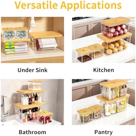 4 Pack Trash Bag Holder with Bamboo Lid, Stackable Garbage Bag Dispenser Under Sink, Storage Organizer for Kitchen, Laundry, Pantry (S+S+M+L)