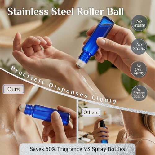 PrettyCare 10 ml 4 Pack Essential Oil Roller Bottles with Stainless Steel Roller Ball - Refillable Leak-proof Empty Thick Blue Glass Roll on Bottles with Black Caps for Travel, Perfume - Image 5