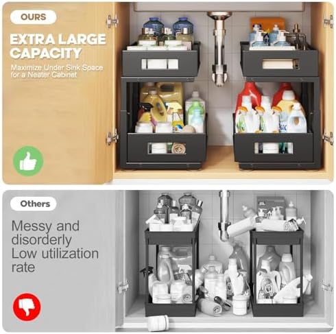 2-Tier Under Sink Organizer with Sliding Drawers, Pull-Out Cabinet Organizer with Adjustable Height, Kitchen & Bathroom Storage Shelf, Black, 1 Pack