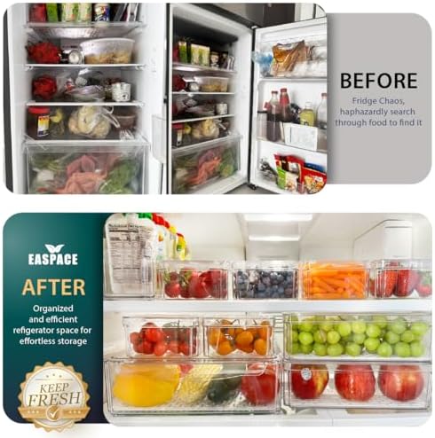Fridge Organizer Bins with Drawer, 10-Pack Clear Stackable Container Set, BPA-Free Plastic Refrigerator Storage Containers for Food, Fruits, Vegetables, Meats, Salads (Multi-Purpose)