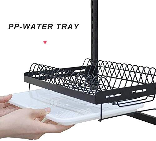 Kitchen Dish Rack,Hanging Dish Drying Rack Organizer Storage Shelf Over Sink,2 Tier Wall Mount Bowl Holder with Drain Tray and Silverware Stainless Steel Black Coating Ajustable Height