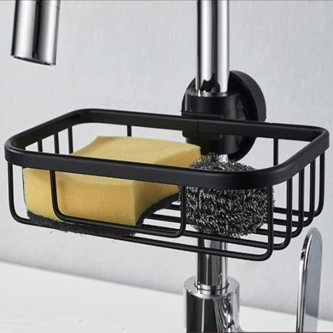 Kitchen Faucet Sponge Holder Sink Caddy Organizer Over Faucet Hanging Faucet Drain Rack for Sink Organizer (Black-Larger)