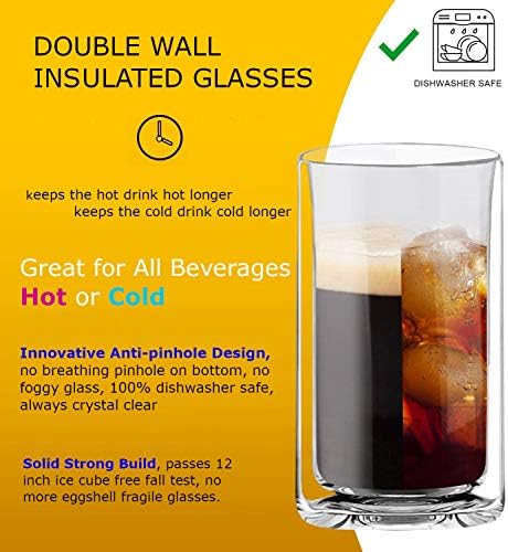 Double Wall Insulated Glass Tumbler, 16oz (450ml) Highball Glass Cups for Beer, Lemonade, Iced Tea, Tropical Drink, Cocktail, Smoothie, Mojito and Mixed Drinks, Set of 2 - Collins Style