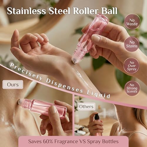 PrettyCare 24 Pack, 10 ml Essential Oil Roller Bottles with Stainless Steel Roller Ball - Refillable Leak-proof Empty Thick Pink Glass Roll on Bottles with Pink Caps for Travel, Perfume - Image 4