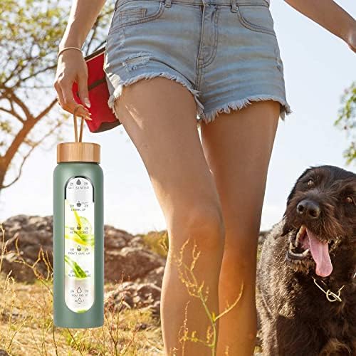 Glass Water Bottles 32 Oz with Silicone Sleeve - BPA Free Reusable Wide Mouth Glass Motivational Water Bottles with Fruit Infuser – Leak Proof Borosilicate Water Bottle with Time Marker (Green)