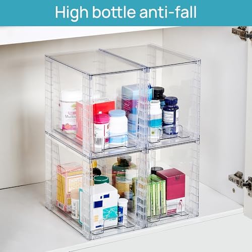 4 Pack Clear Stackable Storage Drawers,9.7" High Plastic Organizers Bins for Skincare, Bathroom Supplies,Ideal for Cabinet,Undersink,Vanity,Kitchen,Pantry Organization