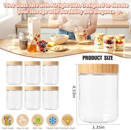 Overnight Oats Containers with Bamboo Lids, 16 oz Leakproof Glass Jars